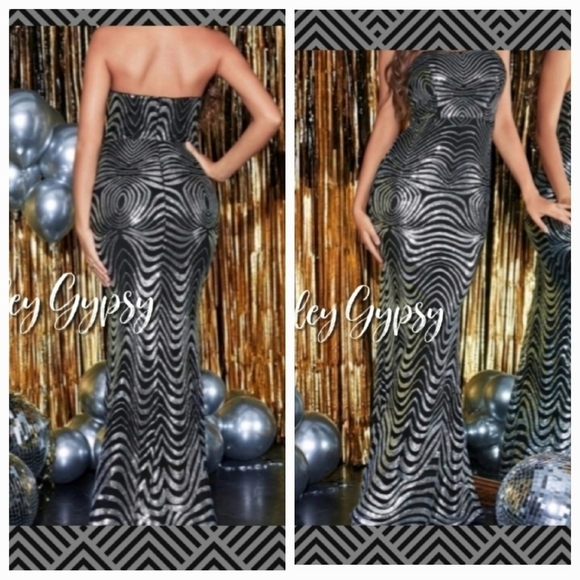 Dresses & Skirts - Glamorous Abstract Silver and Black Strapless Fit and Flare Formal Gown